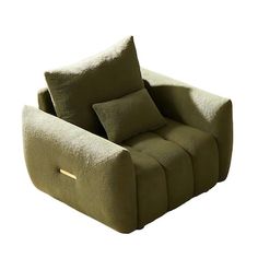 a green chair with two pillows on it's back and the seat upholstered