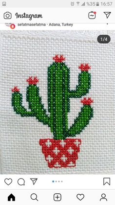 the cross stitch pattern on this phone case shows a green cactus in a red pot