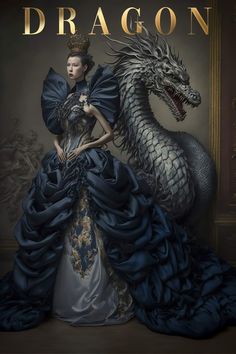 a woman in a blue dress with a dragon on her shoulder and the words dragon written across it