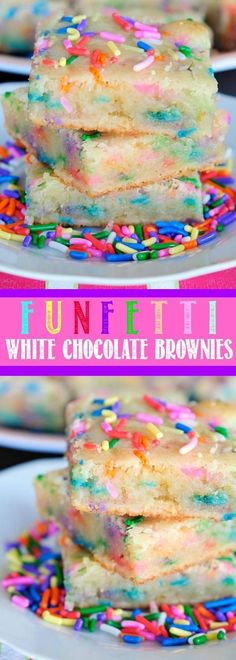 white chocolate brownies with sprinkles stacked on top of each other