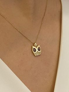 "ABOUT PRODUCT This 14K solid gold Owl with diamond necklace is beautifully designed and hand crafted with our associates to make this a special gift for your loved ones. Knowing the value of our customers, We prepare each piece with extra care and attention. ITEM DETAILS Material: 14K Gold Approx: 2.10 gram Available colors: Gold, Rose Gold, White Gold Available Sizes: 14\" to 20\" ✪ 14k Solid Gold ( Certification will be included with your order ) ✪Available 14K White, Yellow, Rose Gold (also Owl Pendant Necklace, Pretty Jewelry Necklaces, Owl Jewelry, Owl Necklace, Owl Pendant, Jewelry Photography, Pendant Design, Pendant Set, Pretty Jewellery