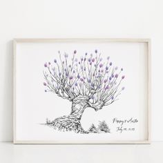 a drawing of a tree with purple flowers on it