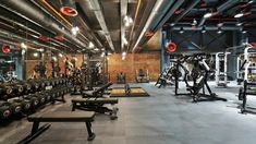 an empty gym with rows of exercise equipment