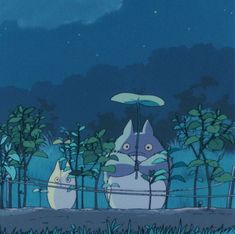 an animated cat is standing in the grass under an umbrella at night with another cat behind it