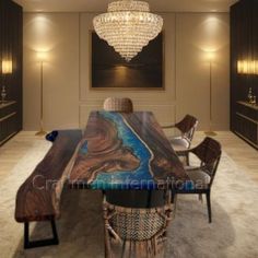 a dining room table with chairs and chandelier in the middle of an empty room