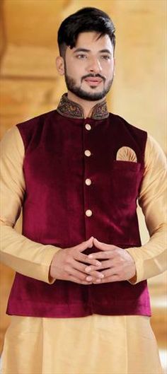 Red and Maroon color Nehru Jacket in Velvet fabric with Thread work Luxury Red Nehru Jacket For Formal Occasions, Luxury Traditional Red Nehru Jacket, Luxury Red Nehru Jacket For Transitional Season, Nehru Jacket, Maroon Dress, Nehru Jackets, Thread Work, Maroon Color, Velvet Fabric