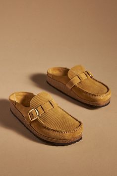 * Suede upper, insole* Rubber sole* Slip-on styling* Imported Casual Slip-on Cork Clogs, Suede Slip-on Clogs With Leather Sole, Casual Slip-on Clogs With Buckle Closure, Suede Slip-on Clogs With Textured Sole, Birkenstock Buckley, Suede Slip-on Clogs With Buckle Closure, Teacher Fits, Suede Clogs, Brown Fits