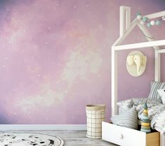 a child's bedroom with purple walls and white furniture