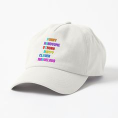 a white baseball cap with the words happy in multicolored letters on it's front