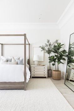 a bedroom with a bed, mirror and plant in the corner on the side table