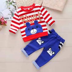 2-piece Bear Pattern Sweatshirt & Pants for Toddler Boy Wholesale Children's Clothing - PrettyKid Red Long Sleeve Winter Sets, Red Cartoon Print Sets For Playtime, Red Cotton Sets With Cartoon Print, Cute Red Sets For Fall, Playful Red Sets For Winter, Red Cotton Sets For Fall, Playful Red Winter Sets, Red Cotton Fall Season Set, Red Playtime Sets For Winter