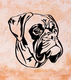 a black and white drawing of a dog's head on a beige background with the word, pug written below it