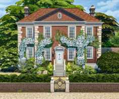 a painting of a brick house with white flowers on the front door and steps leading up to it