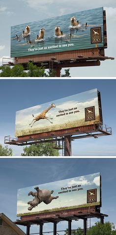 three billboards with animals on them in the middle one has an elephant and two giraffes