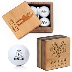 three personalized golf balls in a wooden box