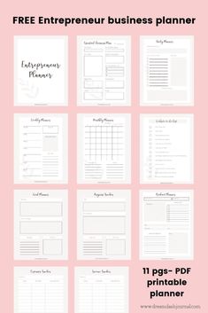 the free printable business plan is shown in white and pink colors with text that reads,