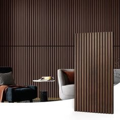 a modern living room with wood slats on the wall and leather furniture in the corner