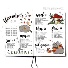 Julia on Instagram: “Something different this week! Let me know what do you think about it 😄 Do you use color in your Bullet Journal or keep it black and white?…” Pusheen Autumn, Pusheen Christmas, Cute Pusheen, Kawaii Journaling, Notebook Therapy, Autumn Doodles, Boulet Journal, Bullet Journal 2019