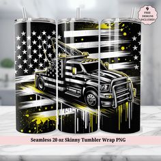 three black tumblers with an american flag and truck on the front one is yellow