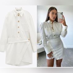 Bnwt Zara Shirt Dress Oyster White Sz Sm Zara Green Dress, Zara White Dress, Zara Shirt Dress, Zara Slip Dress, Short Slip Dress, Zara Scarf, Cream Mini Dress, White Linen Dress, Oyster White