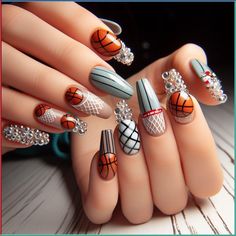 If you are doing something special for Valentine’s Day, why not decorate your nails with Valentine’s day nail art? Nail designs for Valentine’s Day usually include hearts or roses, and traditional Valentine’s Day colors, like pink, red and white. This post lists 30 ideas for Valentine’s Day Nails. Trendy, short designs, simple, gel, acrylic, pink, square, french tip, black, acrylic coffin, pink and red, short almond, simple Basketball Nail Designs Ideas, Basketball Nail Art, Basketball Nail Designs, Sporty Nails, Sports Nail Art, Basketball Nails, Vibrant Nail Colors, Graduation Nails