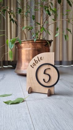 a wooden sign with the number six on it sitting next to a potted plant