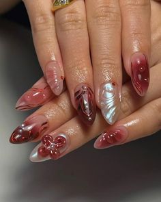 Nail Art Unique, Nails With Silver, Red Gel Nails, Cherry Blossom Design, Red Nail Art, Elegant Nail, Elegant Nail Art, Glittery Nails, Red Acrylic Nails