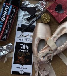 the contents of a ballet shoe are laid out