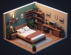 a bed room with a neatly made bed next to a desk and computer on top of it