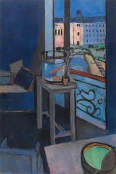 an oil painting of a room with a fish bowl on the table next to a window