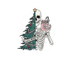 a skeleton holding a cup next to a christmas tree