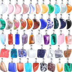 PRICES MAY VARY. Various Designs: the gemstone charms have 50 different designs, with irregular shapes and moon shaped and colors in random delivery;There are 25 moon shapes and 25 irregular shapes, they allow you to match with your different kinds of jewelry much easier quality Material: irregular crystal stone pendants are made of random natural and synthetic stone with beautiful color, clarity and smooth surface, it can be applied as a balancing stone, helping to bring peace and harmony in en Diy Jewelry Necklace, Kraf Diy, Moon Shape, Jewelry Making Project, Jewelry Making Charms, Bijoux Diy, Healing Stone, Beaded Pendant, Jewelry Making Beads