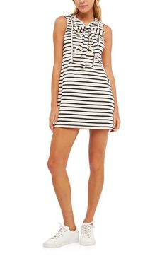 Maritime-inspired stripes sail along a soft cotton dress boasting oversized eyelets on the lace-up bodice. V-neck Sleeveless 100% cotton Hand wash, dry flat Imported Soft Cotton Dress, English Factory, Nordstrom Dresses, Cotton Dress, Cotton Dresses, Black Stripes, Shift Dress, Bodice, White Black