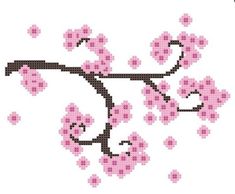 a cross stitch pattern with pink flowers and leaves on white background, in the shape of a branch