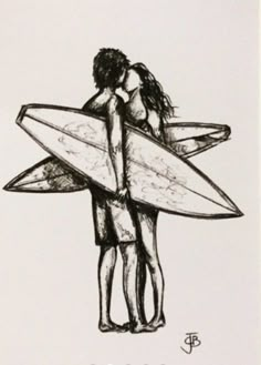 a drawing of two people hugging each other with surfboards in front of their backs