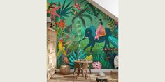 an elephant mural in a children's room with tropical plants and birds on the wall