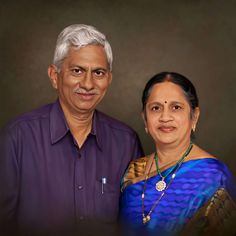 an older man and woman are posing for a portrait in front of a dark background