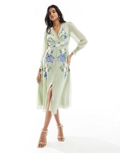 Hope & Ivy embroidered midi dress in light sage | ASOS Spring Chic Embellished Midi Dress, Chic Embellished Spring Midi Dress, Chic Embellished Midi Dress For Spring, Green V-neck Embroidered Dress For Spring, Green V-neck Dress With Floral Embroidery, Chic Midi-length Embroidered Dress With Floral Print, Spring Floral Embroidery Midi Dress, Spring Embellished Embroidered Dress For Garden Party, Feminine Embroidered Midi Dress For Spring