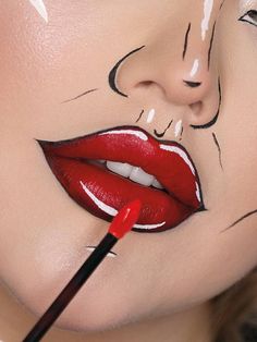 Cartoon Lips Makeup, Halloween Makeup Comic Pop Art, Comic Style Makeup, Halloween Makeup Cartoon, Comic Halloween Makeup, Halloween Pop Art Makeup, Pop Art Eye Makeup, Pop Art Makeup Looks, Makeup Looks Cartoon