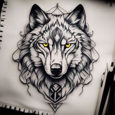 a drawing of a wolf with yellow eyes