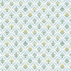 a blue and white wallpaper pattern with small leaves on the top, in different colors