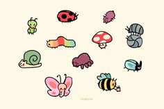 an assortment of cartoon insects on a white background