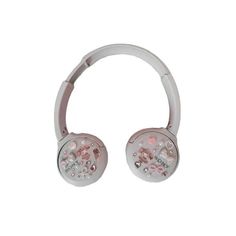 the headphones are decorated with pink and silver glitters on white ear phones,