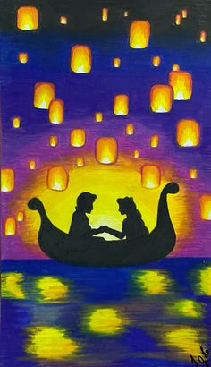 an acrylic painting of two people in a boat with floating lanterns