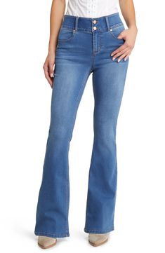 These soft and stretchy flare jeans feature a high, wide waistband with a shapewear effect that comfortably contours your natural silhouette. 34" inseam; 23" leg opening; 10 1/2" front rise; 15" back rise 51% cotton, 26% polyester, 22% rayon, 1% spandex Machine wash, tumble dry Imported Medium Wash High Waist Stretch Flare Jeans, High Waist Stretch Flare Jeans In Medium Wash, Stretch High Rise Medium Wash Flares, Casual Stretch Denim Blue Flares, Stretch Medium Wash Full-length Flare Jeans, High Rise Medium Wash Fitted Flares, High Rise Stretch Denim Blue Flare Jeans, Mid-rise Stretch Denim Flares, Stretch Full Length Flare Jeans In Medium Wash