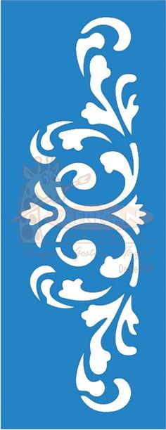 a blue background with white swirls and scrolls on the bottom half of the image