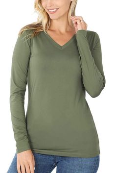 Olive Long Sleeve V Neck T-shirt  Top Olive Green T Shirt, Simple Wardrobe, Staple Wardrobe Pieces, Green T Shirt, V Neck Top, Olive Color, Chic Boutique, V Neck Tops, V Neck Tee