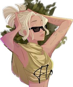 a drawing of a woman with sunglasses on her head and arms behind her head is a bush