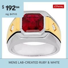 He's your hero, so shouldn't he have a ring that matches his status? This bold men's ring features a cushion-cut lab-created ruby with 14K yellow gold over sterling silver shanks and round lab-created white sapphires set into the sides. This powerful look is sure to nab attention.Metal: 14K gold over silverStone: Lab-created ruby, 9mmOther Stones: Lab-created white sapphires, 2.5mmBand Width: 13.7 mmCare: Wipe CleanCountry of Origin: ImportedGemstones may be treated and may require special care… Mens Fashion Rings, Rings Mens, Mens Rings Fashion, White Sapphire Ring, Men's Ring, White Sapphire, Cushion Cut, Fashion Rings, Sapphire Ring