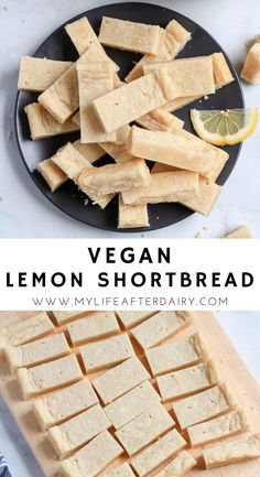 vegan lemon shortbread cut into squares on a black plate next to sliced lemons